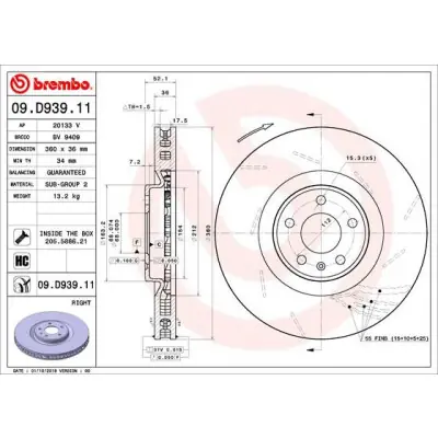 Ordenar Ahora Mismo Disco de freno BREMBO 09.D939.11